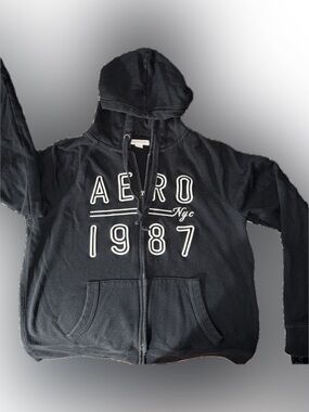 Aeropostale Black Zip-Up Hoodie with White Aero 1987 Graphic